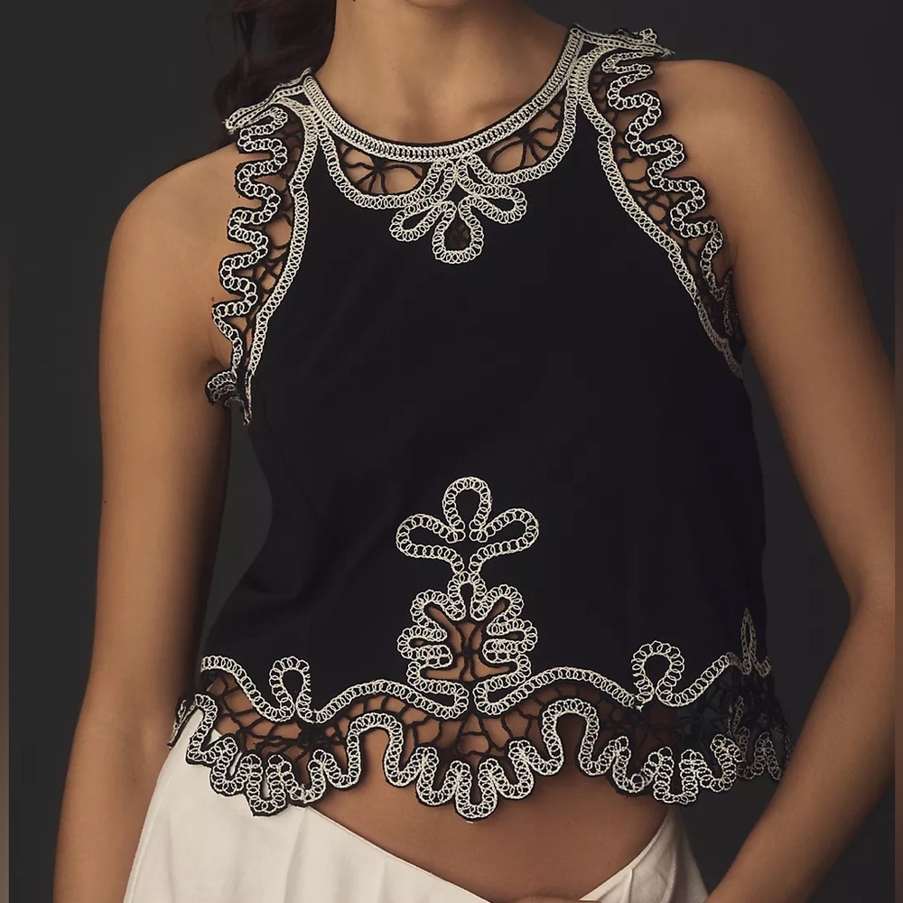 Anthropologie Black and White Lace Trim Top